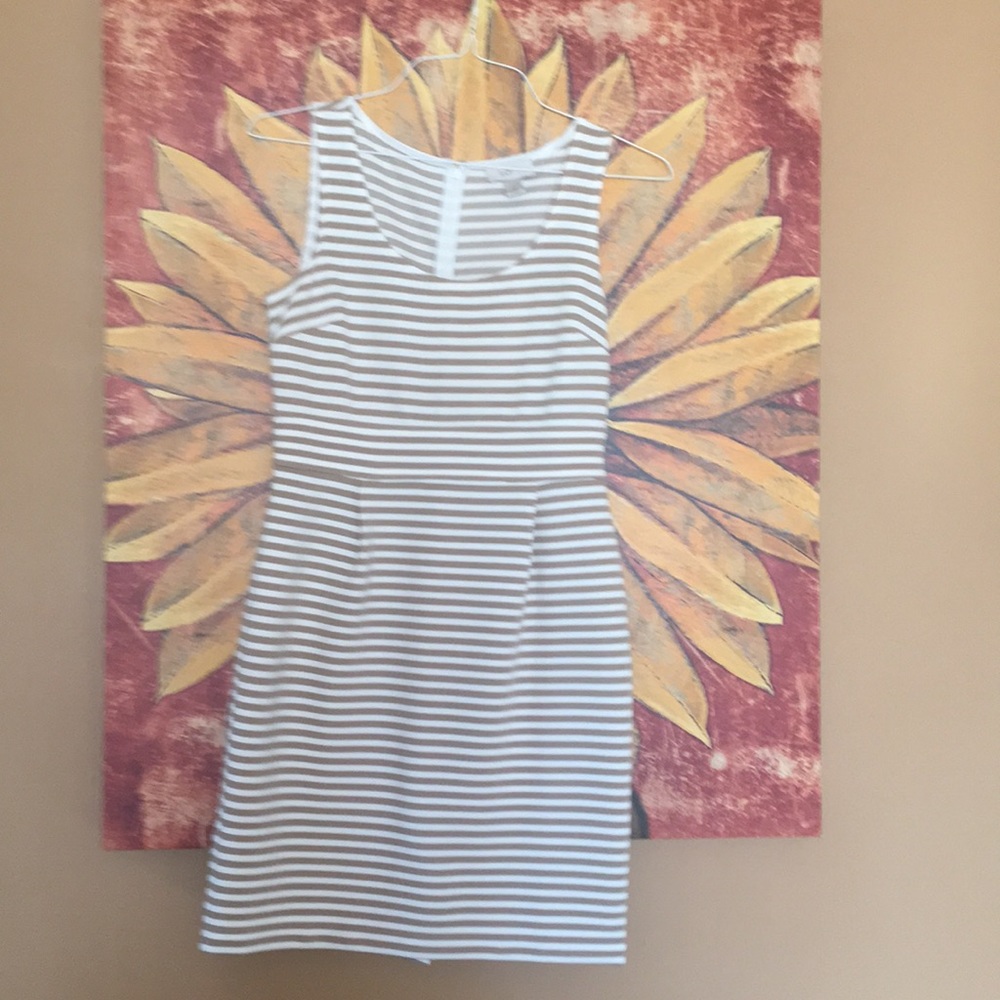 Sleeveless beige and white stripe dress